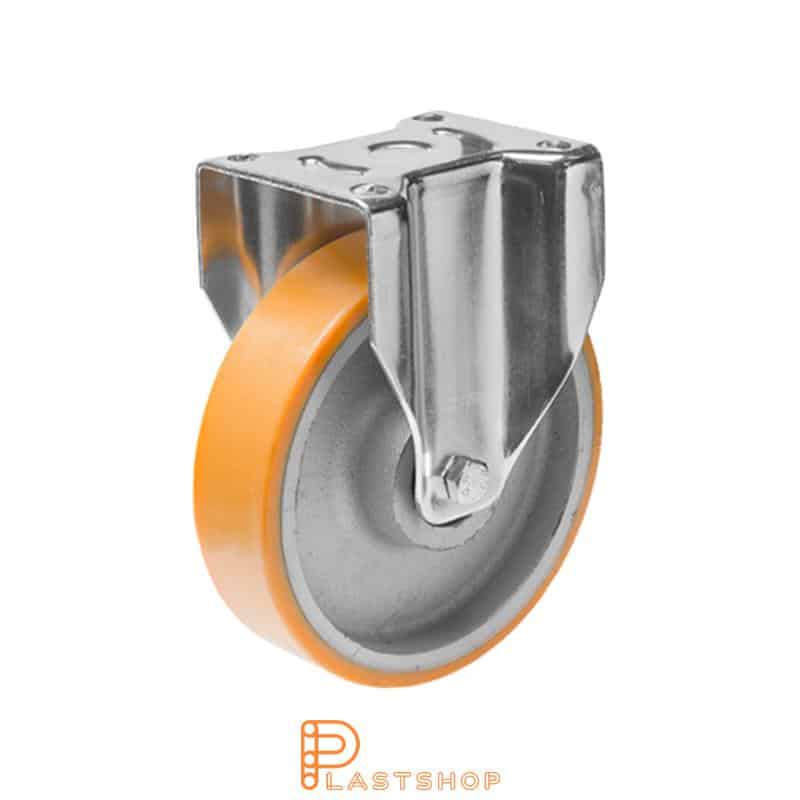 Fast bygel, platta, hjuldiameter 125 mm, bygghöjd 164 mm, nav i gjutjärn med mjuk bana i PUR i orange färg. 500 kg bärighet, dubbla kullager