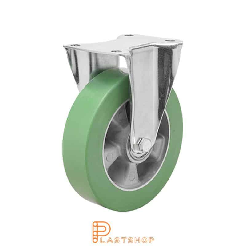 Fast bygel, platta, hjuldiameter 125 mm, bygghöjd 165,5 mm, nav i aluminium med mjuk bana i ElastoPUR i grön färg. 400 kg bärighet, dubbla kullager