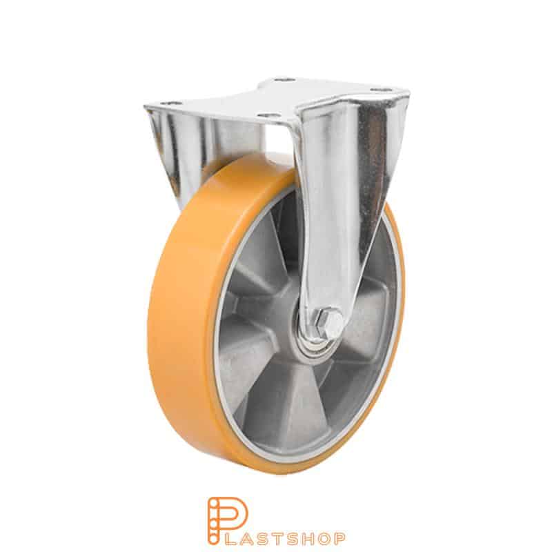 Fast bygel, platta, hjuldiameter 125 mm, bygghöjd 165,5 mm, nav i aluminium med mjuk bana i PUR i orange färg. 400 kg bärighet, dubbla kullager