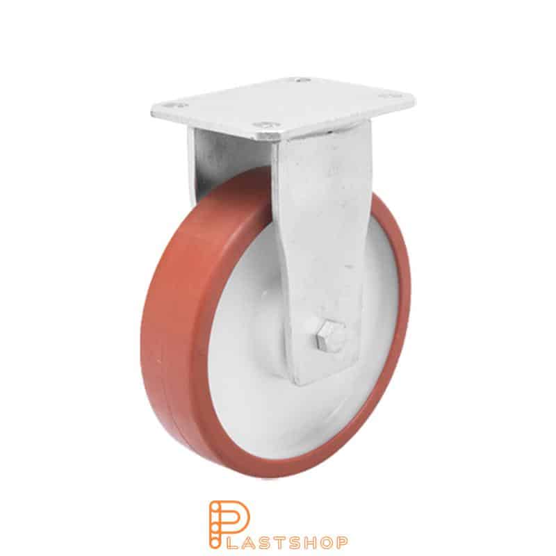 Fast bygel, plat, hjuldiameter 125 mm, byggehøyde 170 mm, nav i PA6 med myk bane i PUR i rød farge. 500 kg bæreevne, doble kulelager