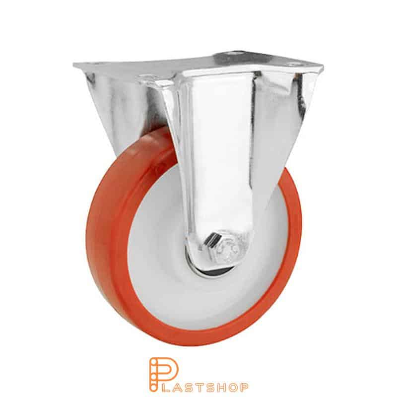 Fixed bracket, flat, wheel diameter 150 mm, construction height 191 mm, hub in PA6 with soft running surface in PUR in röd. 400 kg load capacity, double ball bearing