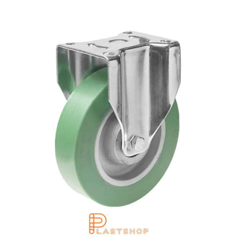 Fixed bracket, flat, wheel diameter 150 mm, construction height 194 mm, hub in cast iron with soft running surface in ElastoPUR in grön. 450 kg load capacity, double ball bearing