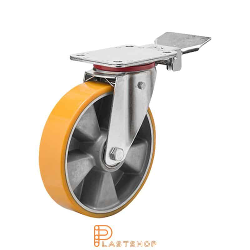 Fixed bracket, flat, wheel diameter 150 mm, construction height 195 mm, hub in aluminium with soft running surface in PUR in orange. 350 kg load capacity, double ball bearing