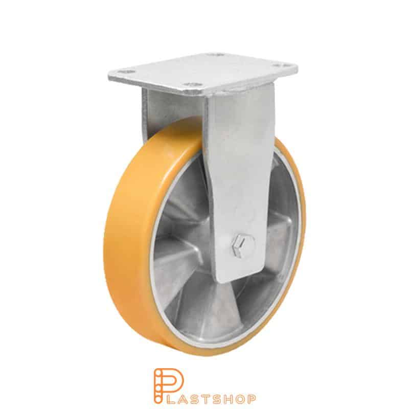 Fixed bracket, flat, wheel diameter 150 mm, construction height 200 mm, hub in aluminium with soft running surface in PUR in orange. 550 kg load capacity, double ball bearing