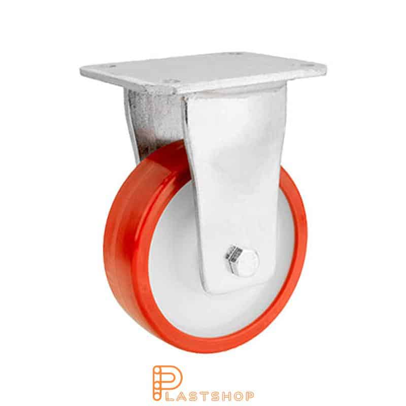 Soporte fijo, placa, diámetro de la rueda 150 mm, altura de construcción 200 mm, eje en PA6 con pista suave en PUR de color rojo. 600 kg de carga, cojinetes de bolas dobles