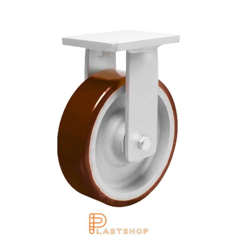 Fast bygel, platta, hjuldiameter 150 mm, bygghöjd 212 mm, nav i gjutjärn med mjuk bana i PUR i orange färg. 1050 kg bärighet, dubbla kullager