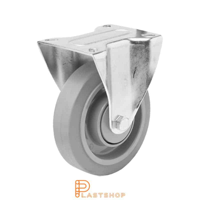 Fixed bracket, flat, wheel diameter 160 mm, construction height 195 mm, hub in PA6 with soft running surface in ElastoGum in grå. 350 kg load capacity, double ball bearing