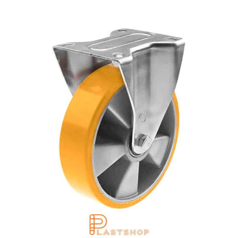 Soporte fijo, placa, diámetro de la rueda 160 mm, altura de construcción 195 mm, buje en PA6 con banda suave en PUR de color naranja. 350 kg de carga, rodamientos de bolas