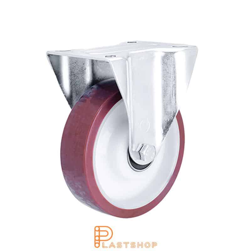 Soporte fijo, placa, diámetro de la rueda 160 mm, altura de construcción 195 mm, eje en PA6 con pista suave en PUR de color rojo. 350 kg de carga, cojinetes de bolas dobles