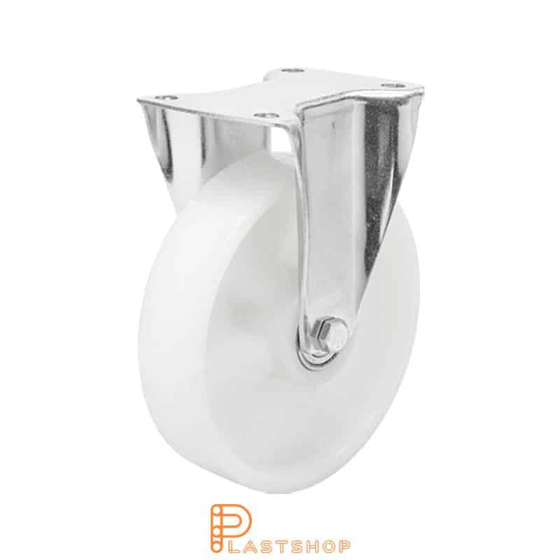 Soporte fijo, placa, diámetro de la rueda 160 mm, altura de construcción 196 mm, rueda dura en PA6 macizo, 300 kg de carga, cojinetes de bolas dobles