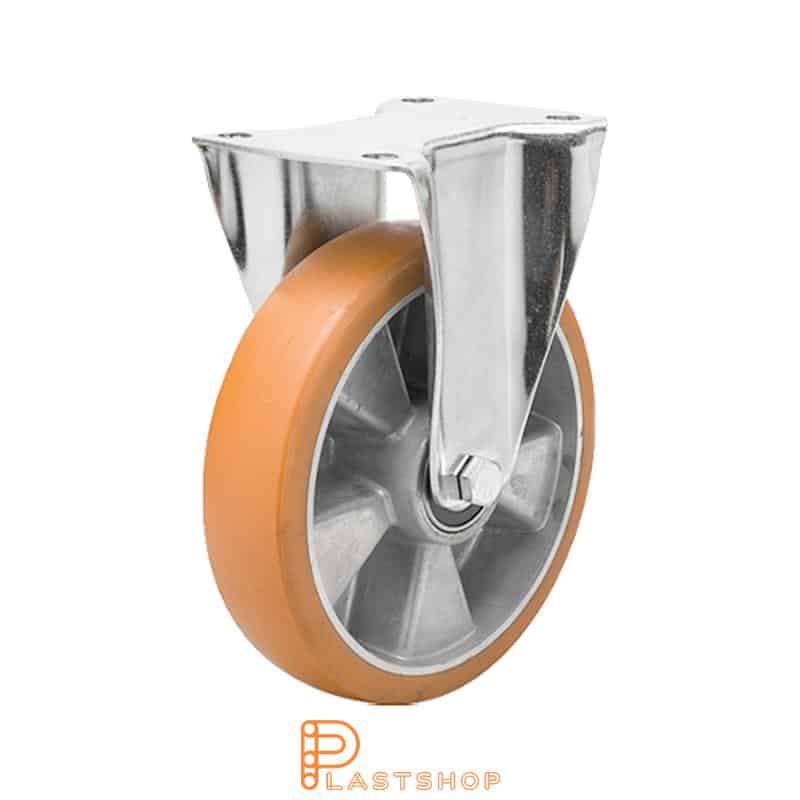 Fixed bracket, flat, wheel diameter 160 mm, construction height 196 mm, hub in aluminium with soft running surface in ElastoPUR in brun. 400 kg load capacity, double ball bearing
