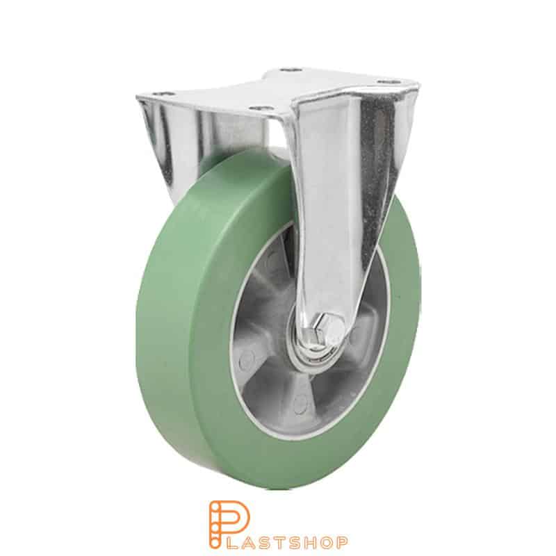 Fast bygel, platta, hjuldiameter 160 mm, bygghöjd 196 mm, nav i aluminium med mjuk bana i ElastoPUR i grön färg. 400 kg bärighet, dubbla kullager