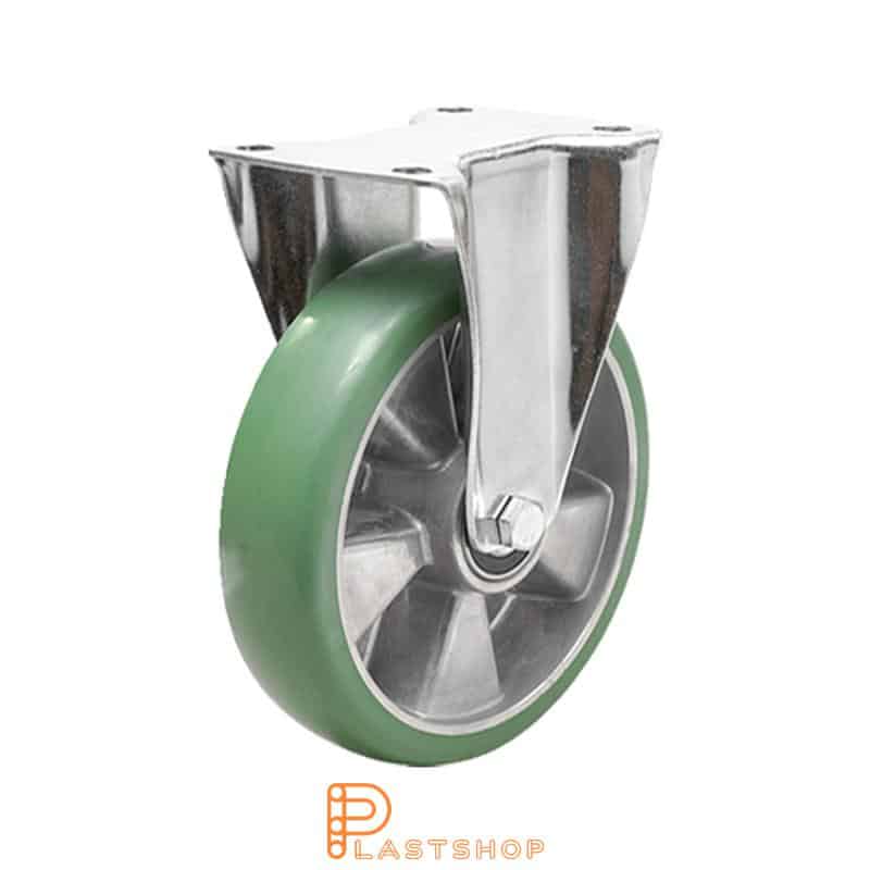 Soporte fijo, placa, diámetro de la rueda 160 mm, altura de construcción 196 mm, eje en aluminio con pista suave en ElastoPUR de color verde. 400 kg de carga, cojinetes de bolas dobles