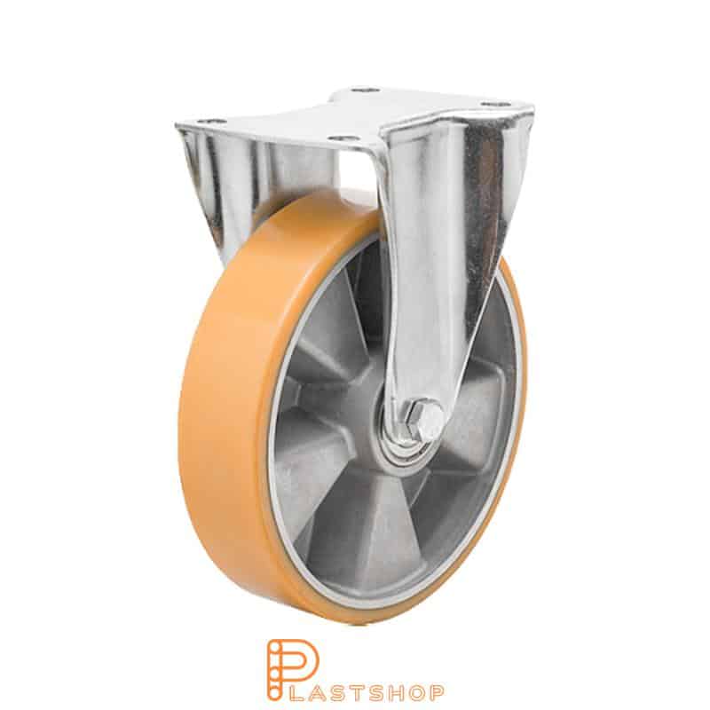 Soporte fijo, placa, diámetro de la rueda 160 mm, altura de construcción 196 mm, eje en aluminio con pista suave en PUR de color naranja. 400 kg de carga, cojinetes de bolas dobles