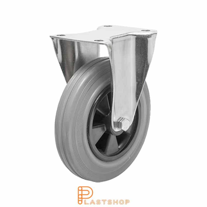 Fast bygel, plat, hjuldiameter 160 mm, byggehøyde 196 mm, nav i PP med myk bane i gummi i grå farge. 135 kg bæreevne, rullelager