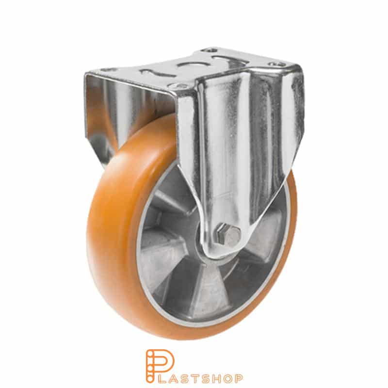 Fast bygel, platta, hjuldiameter 160 mm, bygghöjd 199 mm, nav i aluminium med mjuk bana i ElastoPUR i brun färg. 600 kg bärighet, dubbla kullager