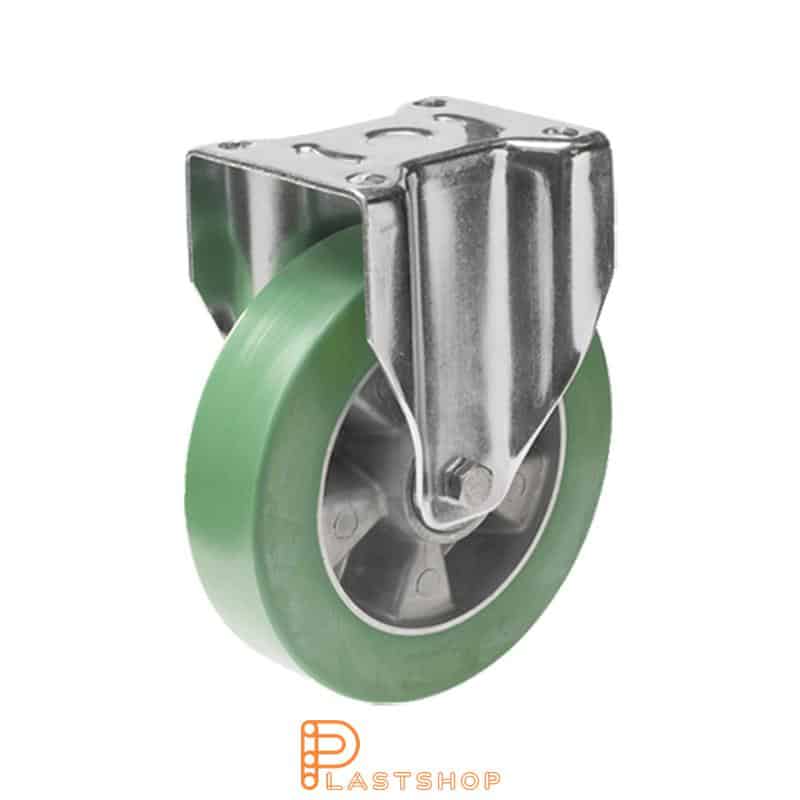 Fixed bracket, flat, wheel diameter 160 mm, construction height 199 mm, hub in aluminium with soft running surface in ElastoPUR in green color. 550 kg load capacity, double ball bearing