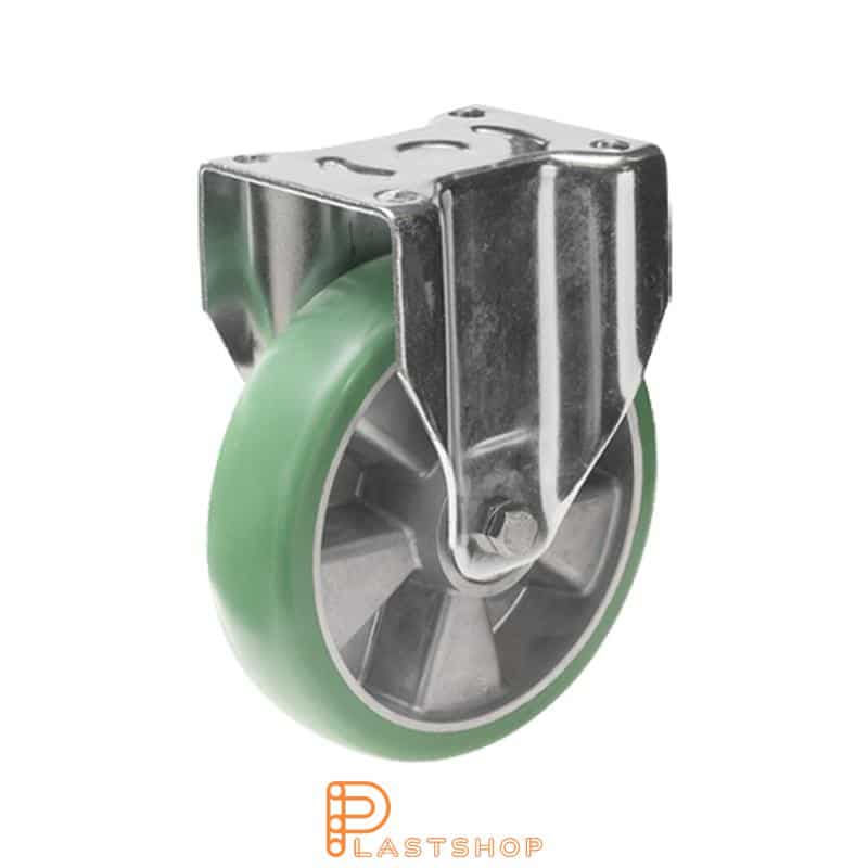 Fixed bracket, flat, wheel diameter 160 mm, construction height 199 mm, hub in aluminium with soft running surface in ElastoPUR in grön. 550 kg load capacity, double ball bearing