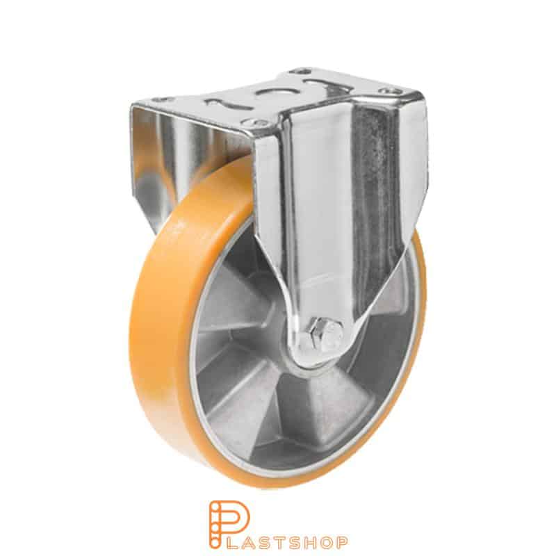 Fixed bracket, flat, wheel diameter 160 mm, construction height 199 mm, hub in aluminium with soft running surface in PUR in orange. 600 kg load capacity, double ball bearing