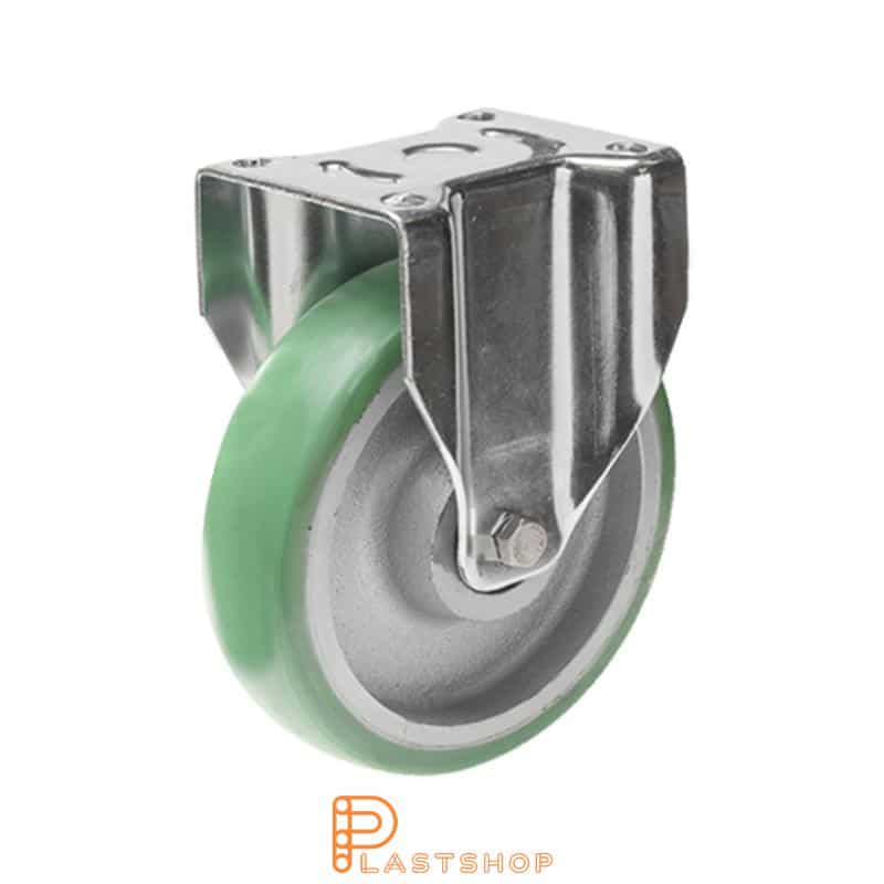 Fixed bracket, flat, wheel diameter 160 mm, construction height 199 mm, hub in cast iron with soft running surface in ElastoPUR in grön. 550 kg load capacity, double ball bearing