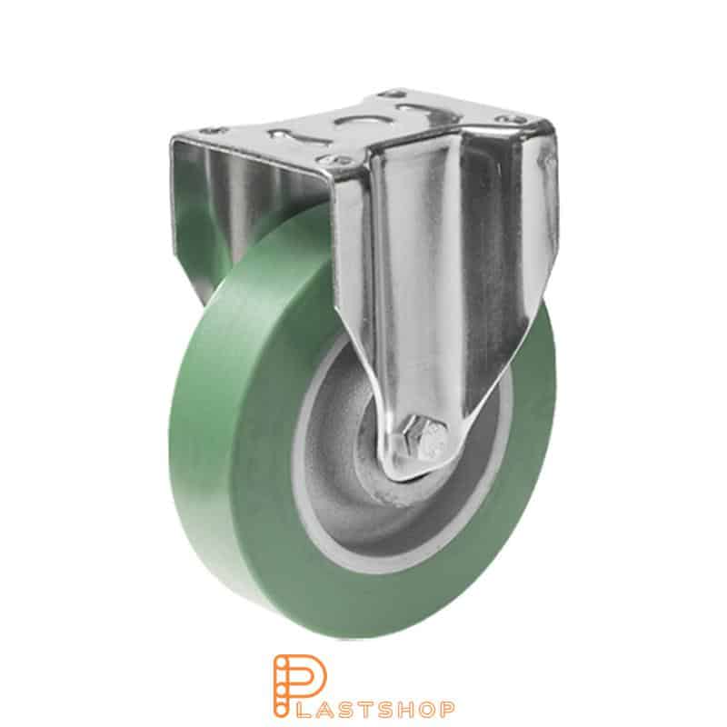 Fixed bracket, flat, wheel diameter 160 mm, construction height 199 mm, hub in cast iron with soft running surface in ElastoPUR in grön. 550 kg load capacity, double ball bearing