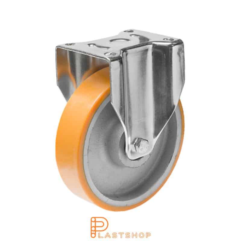 Fast bygel, platta, hjuldiameter 160 mm, bygghöjd 199 mm, nav i gjutjärn med mjuk bana i PUR i orange färg. 750 kg bärighet, dubbla kullager