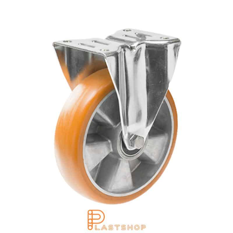 Fast bygel, platta, hjuldiameter 160 mm, bygghöjd 200 mm, nav i aluminium med mjuk bana i ElastoPUR i brun färg. 350 kg bärighet, dubbla kullager