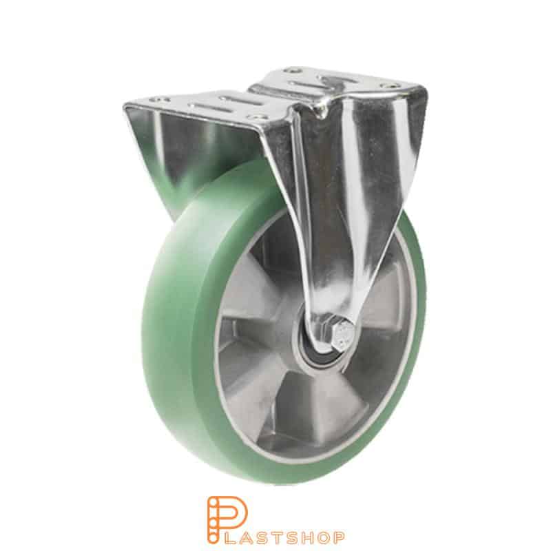 Fixed bracket, flat, wheel diameter 160 mm, construction height 200 mm, hub in aluminium with soft running surface in ElastoPUR in grön. 350 kg load capacity, double ball bearing