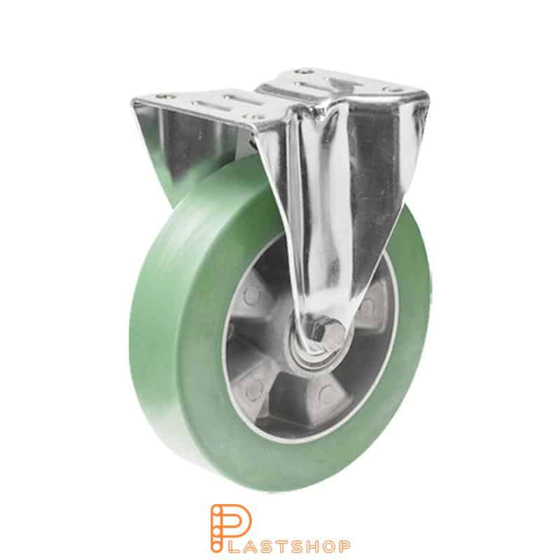 Fixed bracket, flat, wheel diameter 160 mm, construction height 200 mm, hub in aluminium with soft running surface in ElastoPUR in grön. 350 kg load capacity, double ball bearing