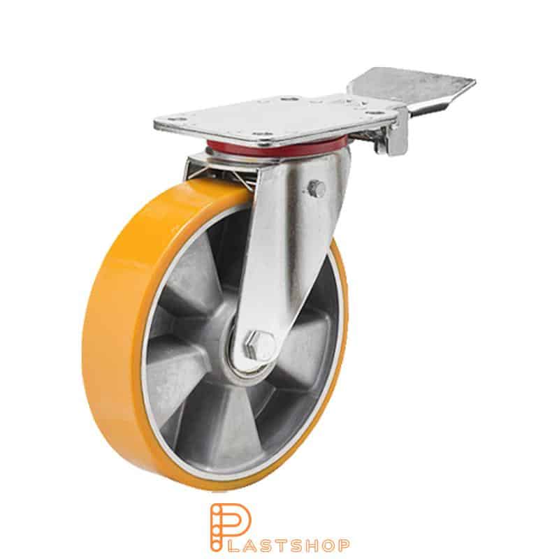 Fixed bracket, flat, wheel diameter 160 mm, construction height 200 mm, hub in aluminium with soft running surface in PUR in orange. 350 kg load capacity, double ball bearing
