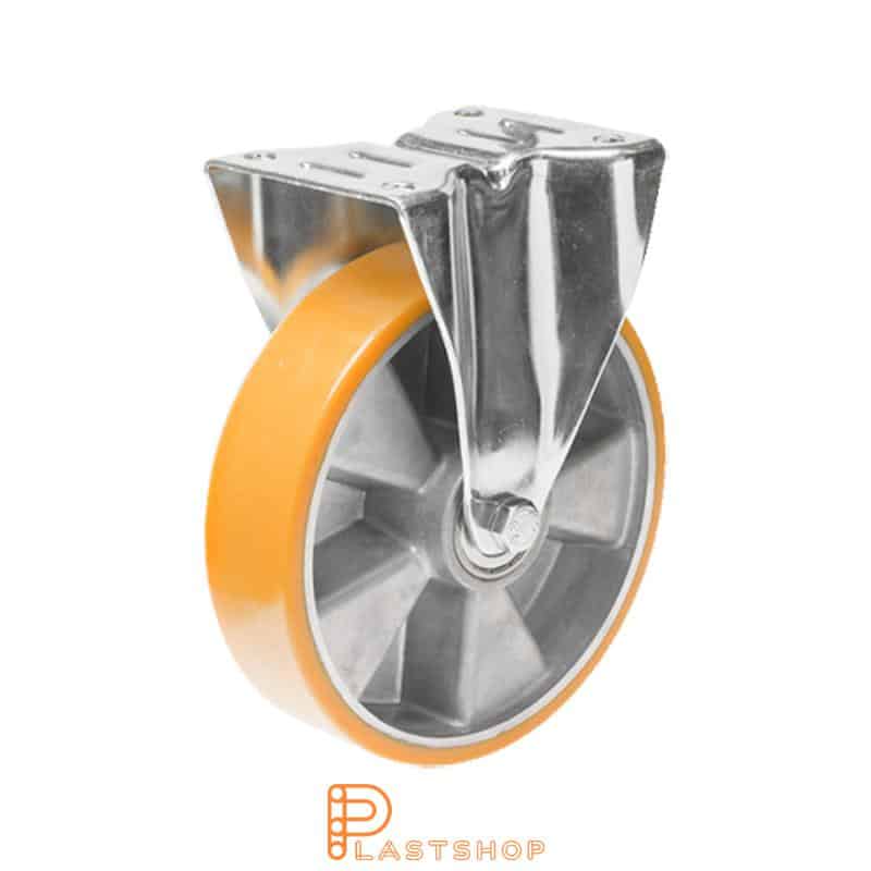 Fixed bracket, flat, wheel diameter 160 mm, construction height 200 mm, hub in aluminium with soft running surface in PUR in orange. 350 kg load capacity, double ball bearing