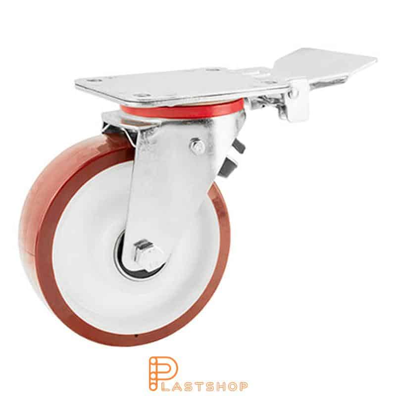 Fast bygel, platta, hjuldiameter 160 mm, bygghöjd 200 mm, nav i PA6 med mjuk bana i PUR i röd färg. 350 kg bärighet, dubbla kullager