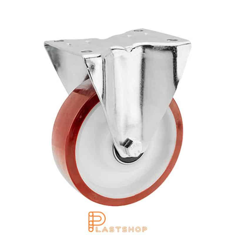 Fixed bracket, flat, wheel diameter 160 mm, construction height 200 mm, hub in PA6 with soft running surface in PUR in röd. 350 kg load capacity, double ball bearing