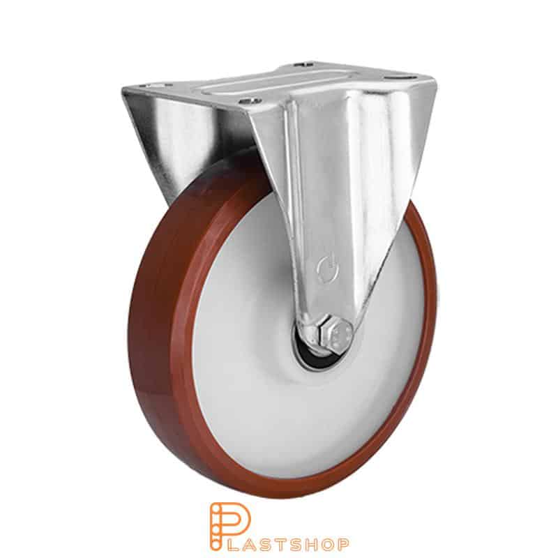 Fixed bracket, flat, wheel diameter 200 mm, construction height 235 mm, hub in PA6 with soft running surface in PUR in röd. 350 kg load capacity, double ball bearing