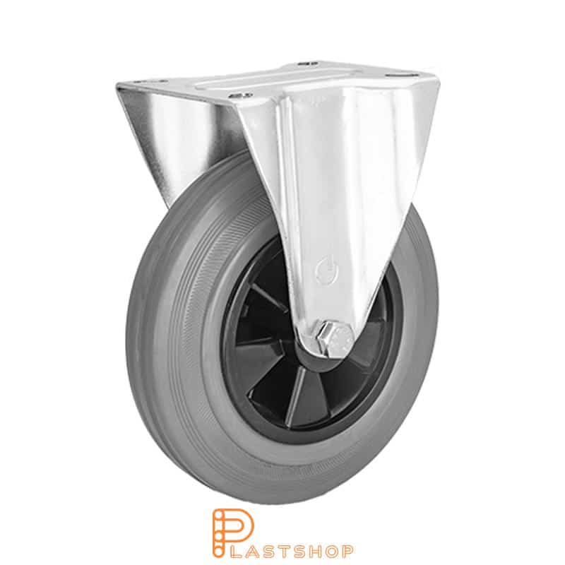 Fixed bracket, flat, wheel diameter 200 mm, construction height 235 mm, hub in PP with soft running surface in rubber in grå. 200 kg load capacity, roller bearing