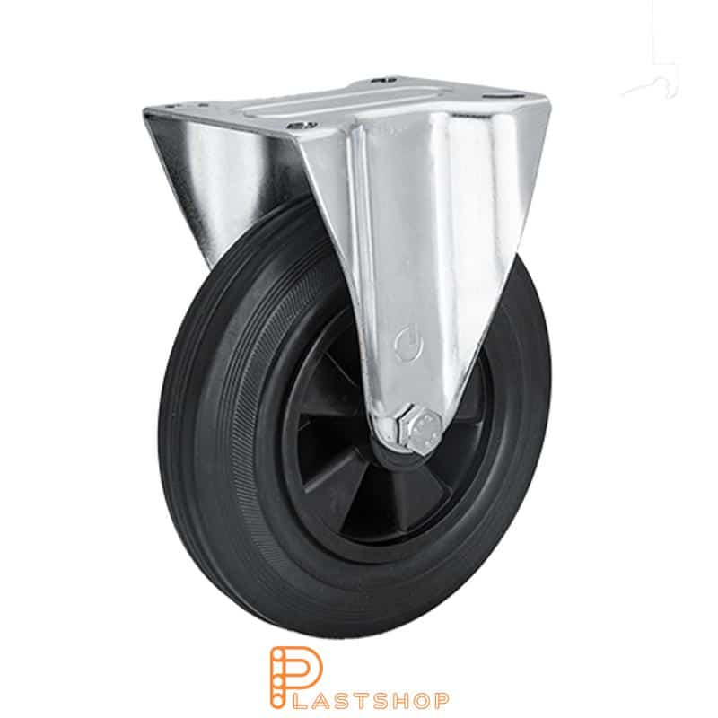 Fixed bracket, flat, wheel diameter 200 mm, construction height 235 mm, hub in PP with soft running surface in rubber in svart. 200 kg load capacity, roller bearing