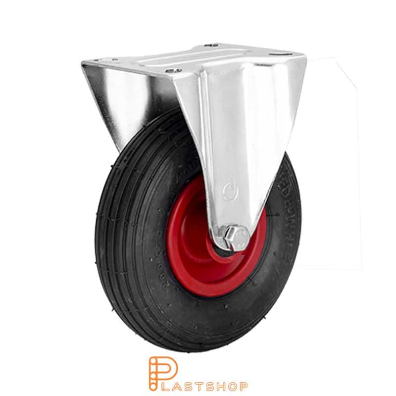 Fixed bracket, plate, wheel diameter 200 mm, construction height 235 mm, hub in PP with soft band in air rubber in röd. 60 kg load capacity, roller bearing