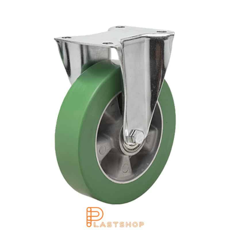 Fast bygel, platta, hjuldiameter 200 mm, bygghöjd 239 mm, nav i aluminium med mjuk bana i ElastoPUR i grön färg. 400 kg bärighet, dubbla kullager