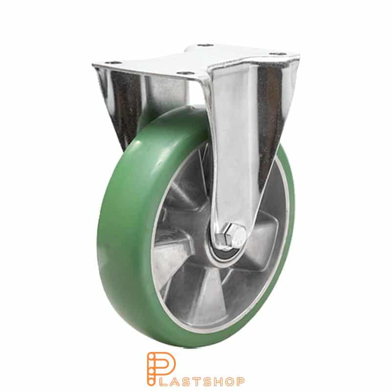 Fast bygel, platta, hjuldiameter 200 mm, bygghöjd 239 mm, nav i aluminium med mjuk bana i ElastoPUR i grön färg. 400 kg bärighet, dubbla kullager
