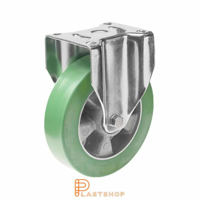 Fast bygel, platta, hjuldiameter 200 mm, bygghöjd 239 mm, nav i aluminium med mjuk bana i ElastoPUR i grön färg. 700 kg bärighet, dubbla kullager