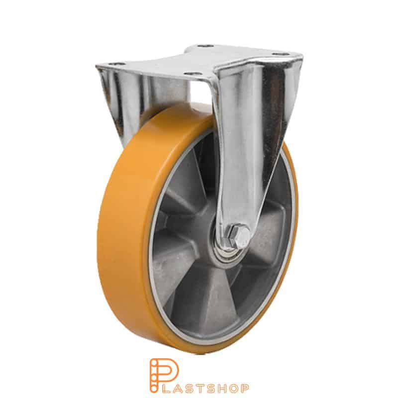 Fixed bracket, flat, wheel diameter 200 mm, construction height 239 mm, hub in aluminium with soft running surface in PUR in orange. 400 kg load capacity, double ball bearing