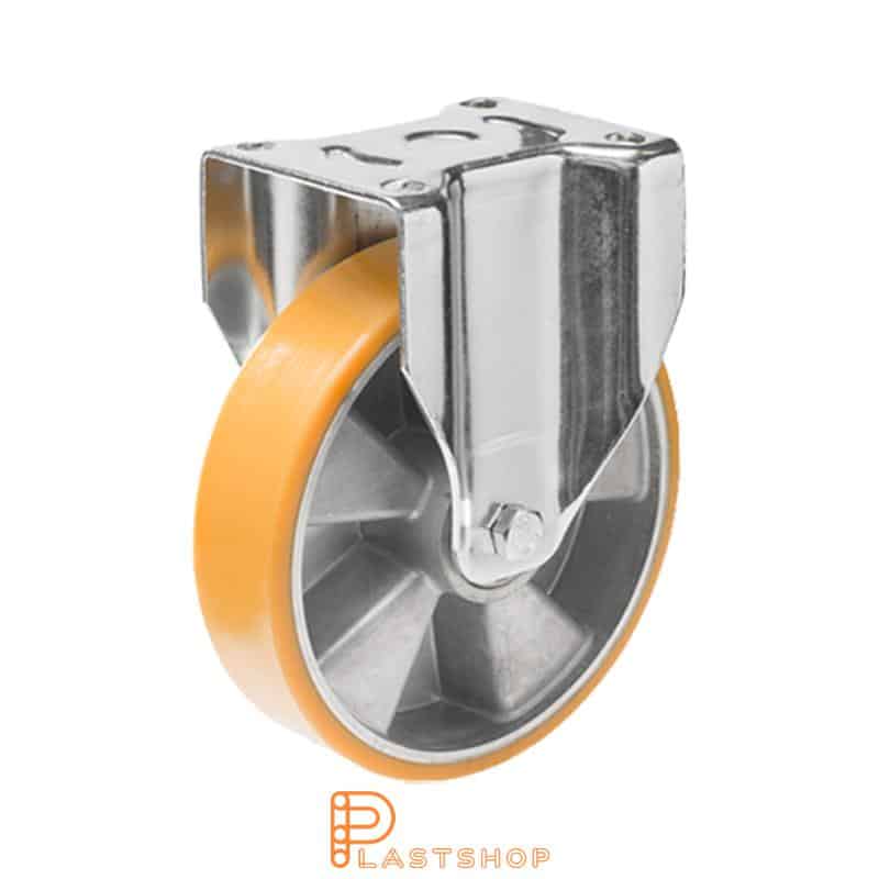 Fast bygel, platta, hjuldiameter 200 mm, bygghöjd 239 mm, nav i aluminium med mjuk bana i PUR i orange färg. 800 kg bärighet, dubbla kullager