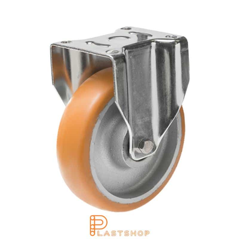 Fixed bracket, plate, wheel diameter 200 mm, construction height 239 mm, hub in cast iron with soft band in ElastoPUR in brown color. 800 kg load capacity, double ball bearing