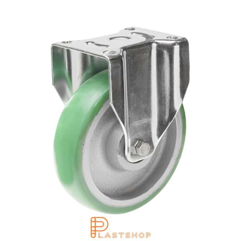 Fixed bracket, flat, wheel diameter 200 mm, construction height 239 mm, hub in cast iron with soft running surface in ElastoPUR in grön. 700 kg load capacity, double ball bearing