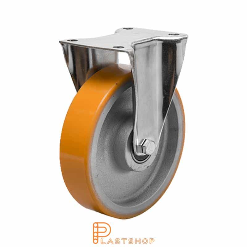 Soporte fijo, placa, diámetro de la rueda 200 mm, altura de construcción 239 mm, eje en fundición con pista suave en PUR de color naranja. 400 kg de carga, cojinetes de bolas dobles