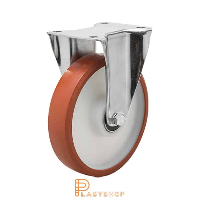 Soporte fijo, placa, diámetro de la rueda 200 mm, altura de construcción 239 mm, eje en PA6 con pista suave en PUR de color rojo. 400 kg de carga, cojinetes de bolas dobles