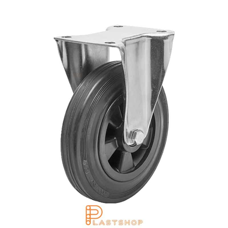 Fixed bracket, plate, wheel diameter 200 mm, construction height 239 mm, hub in PP with soft band in rubber in svart. 205 kg load capacity, slide bearing