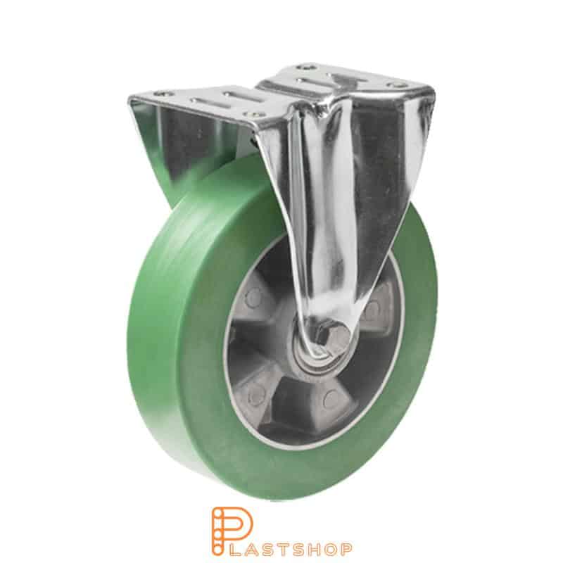 Fast bygel, platta, hjuldiameter 200 mm, bygghöjd 240 mm, nav i aluminium med mjuk bana i ElastoPUR i grön färg. 400 kg bärighet, dubbla kullager