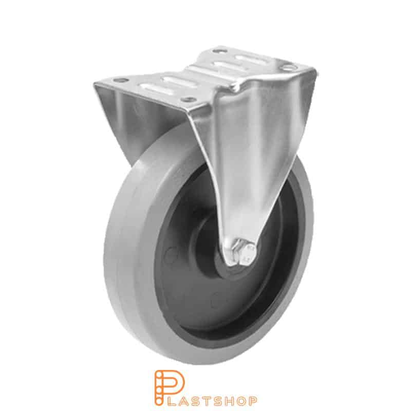 Fixed bracket, flat, wheel diameter 200 mm, construction height 240 mm, hub in PA6 with soft running surface in ElastoGum in grå. 250 kg load capacity, roller bearing