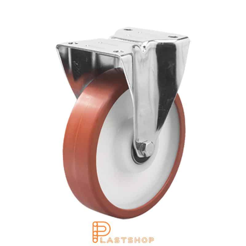 Fixed bracket, flat, wheel diameter 200 mm, construction height 240 mm, hub in PA6 with soft running surface in PUR in röd. 400 kg load capacity, double ball bearing
